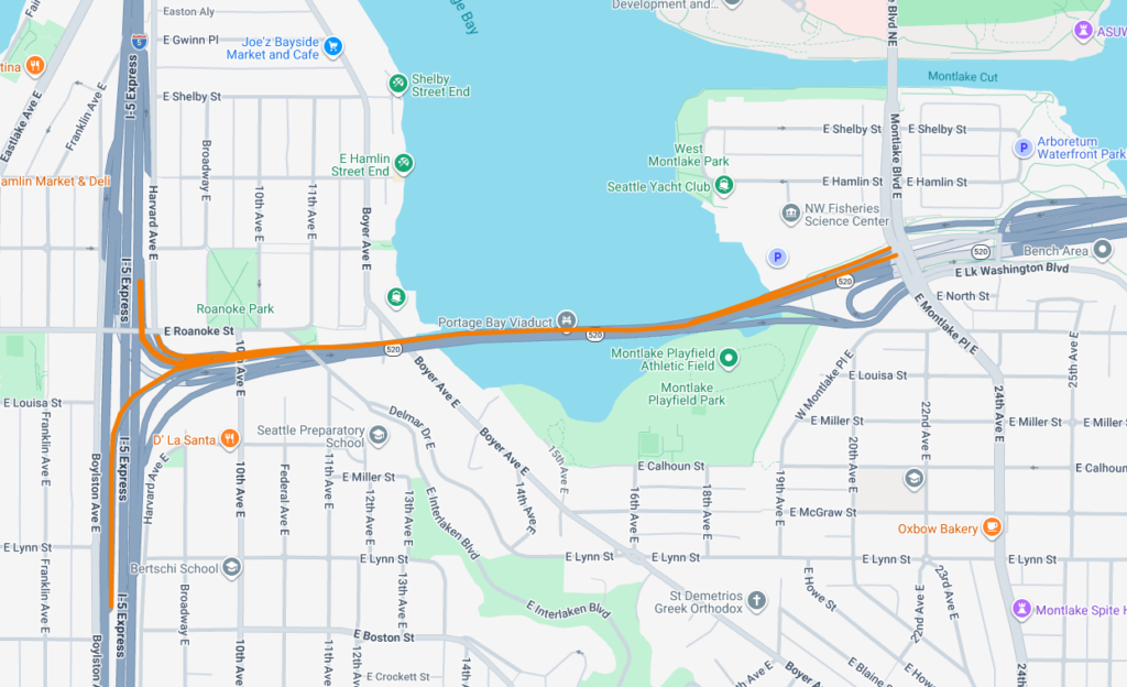 Map route drawing from Montlake to I-5 