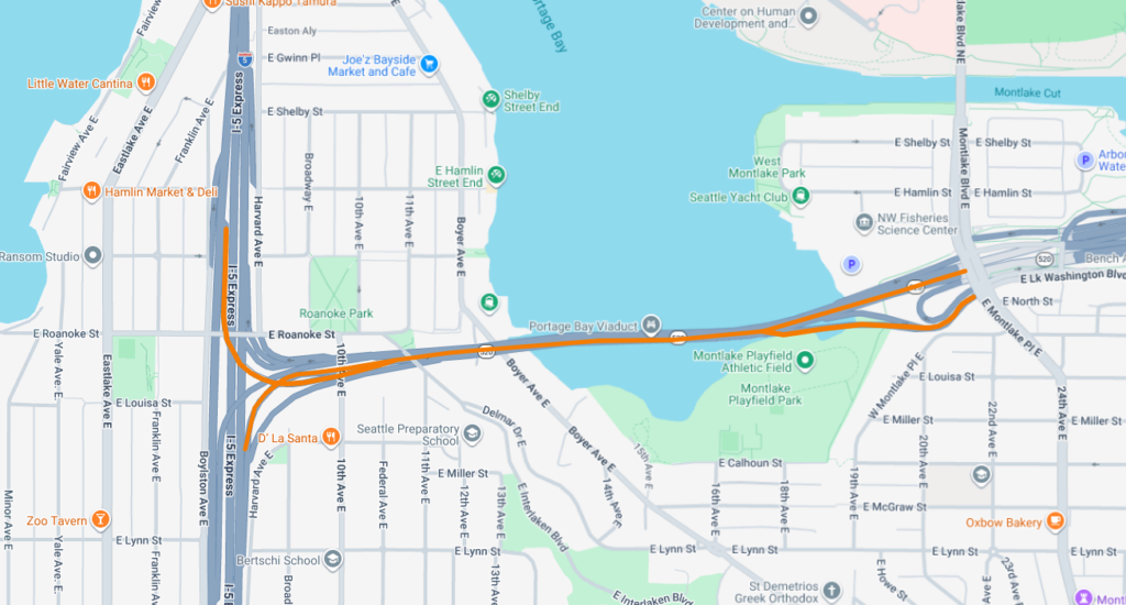 EB closure route in orange from I-5 to Montlake
